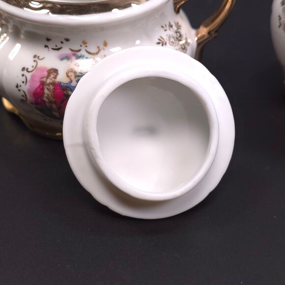 MCM Japanese Porcelain Sugar & Creamer Set Gold Trim Romantic Courting Scene - Picture 6 of 10